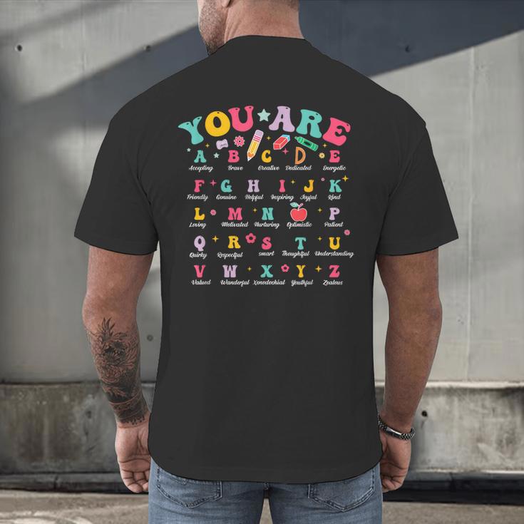 Alphabet Positive Affirmations Back To School Teacher Men's Back Print T-Shirt, gift for family, gift for coworker Alphabet Positive Affirmations Back To School Teacher Men's Back Print T-Shirt, gift for family, gift for coworker