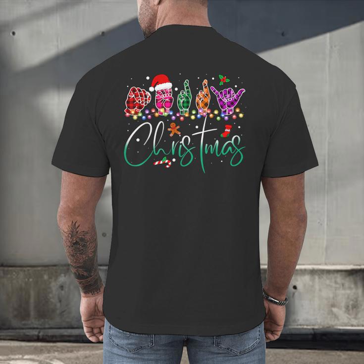 ASL Christmas Buffalo Plaid Teacher American Sign Language Men's Back Print T-Shirt, gift for family, gift for coworker