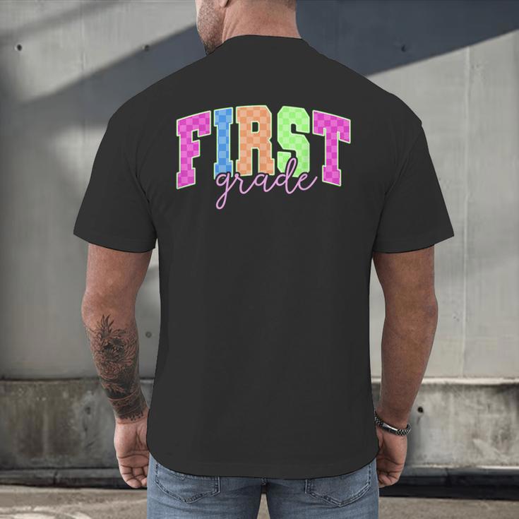 Back To School Neon Checkered First Grade Colorful Teacher Men's Back Print T-Shirt, gift for family, gift for coworker Back To School Neon Checkered First Grade Colorful Teacher Men's Back Print T-Shirt, gift for family, gift for coworker