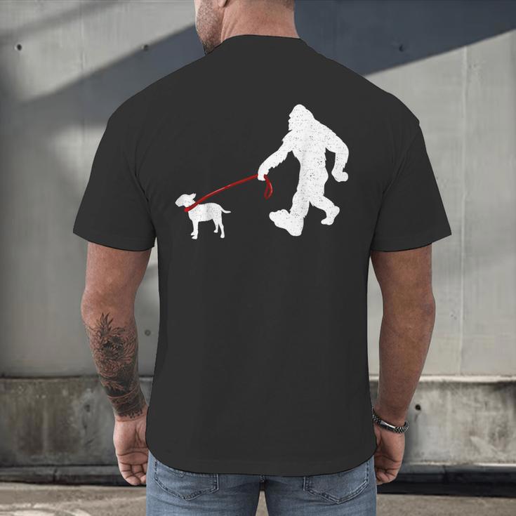Bigfoot Walking With Bull Terrier Dog Men's Back Print T-Shirt, gift for family, gift for coworker
