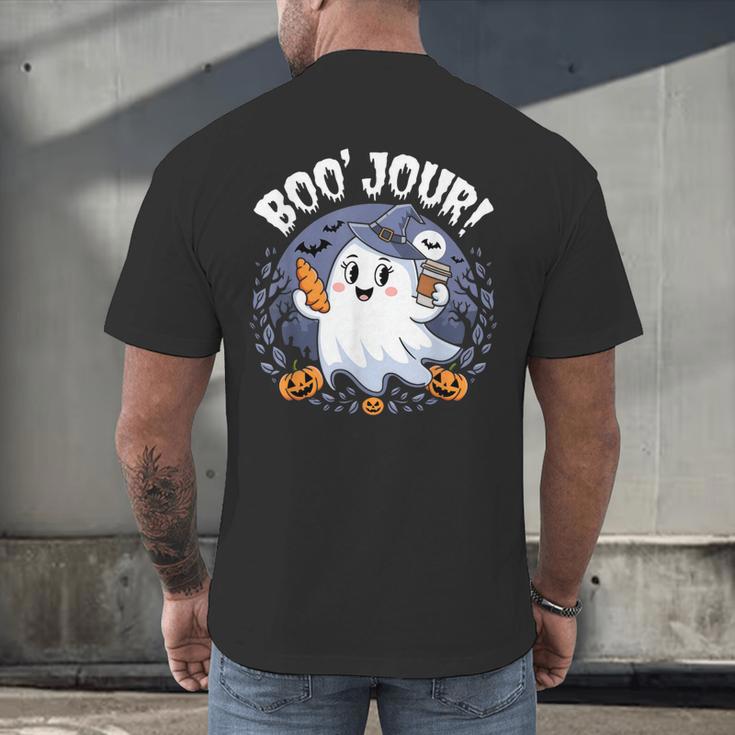 Boo Jour Ghost Halloween French Teacher Cute Coffe Croissant Men's Back Print T-Shirt, gift for family, gift for coworker