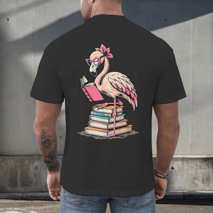 Book Lover Cute Flamingo Reading Teacher Librarian Women Men's Back Print T-Shirt, gift for family, gift for coworker