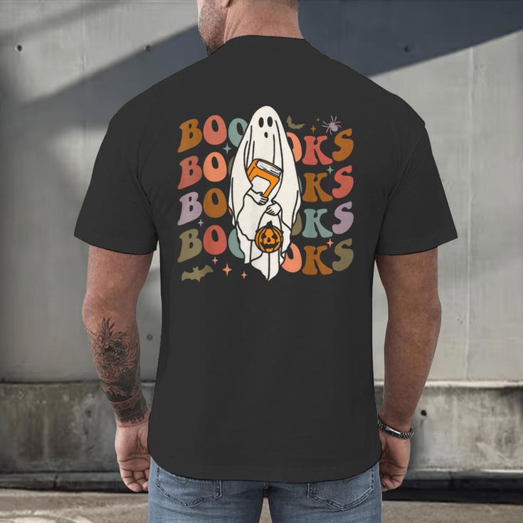 Booooks Ghost Halloween Groovy Vintage Teacher Book Reading Men's Back Print T-Shirt, gift for family, gift for coworker