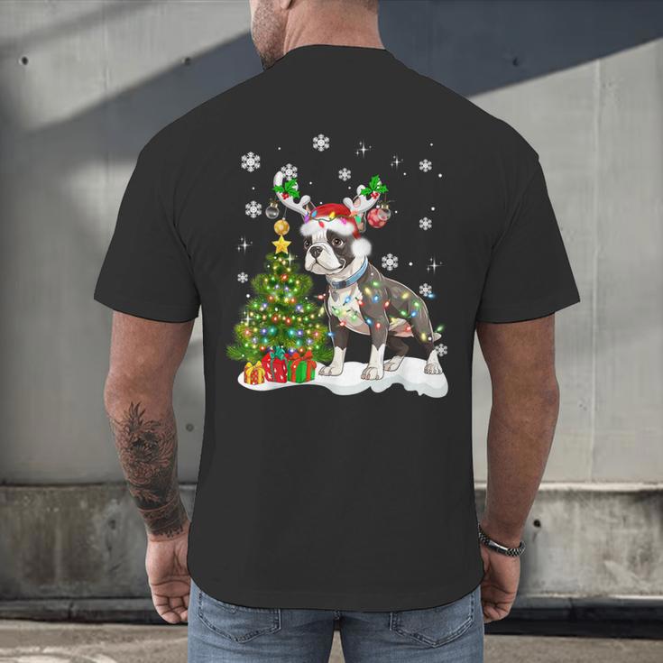 Boston Terrier Christmas Tree Lights Santa Hat Men's Back Print T-Shirt, gift for family, gift for coworker