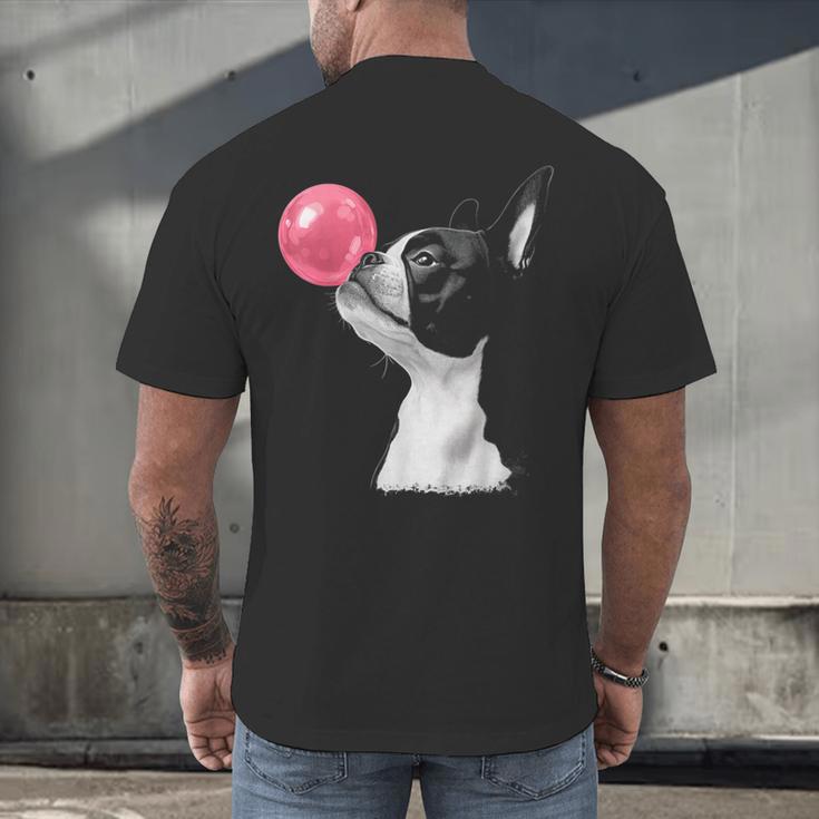 Boston Terrier Dog Blowing Chewing Bubble Gum Pink Men's Back Print T-Shirt, gift for family, gift for coworker