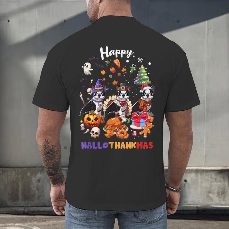 Boston Terrier Dog Christmas Happy Hallothankmas Halloween For Men Women Kids Men's Back Print T-Shirt, gift for family, gift for coworker