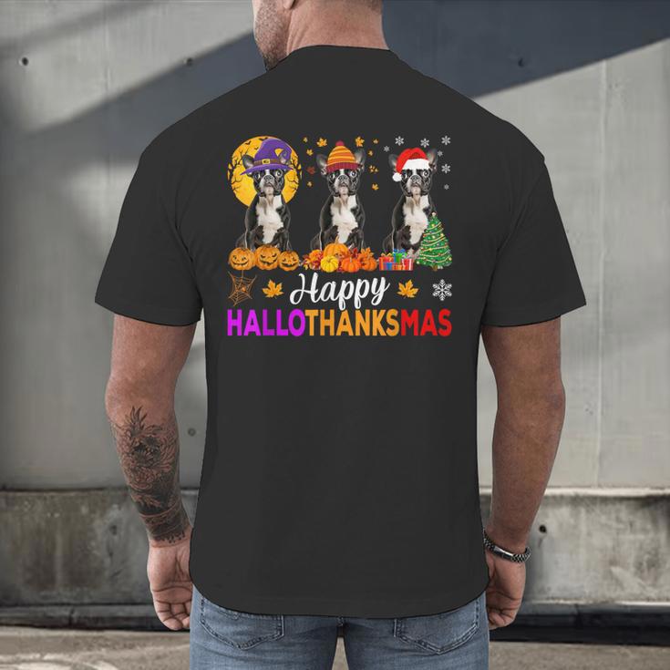 Boston Terrier Dog Halloween Christmas Hallothanksmas Men Women Kids Men's Back Print T-Shirt, gift for family, gift for coworker
