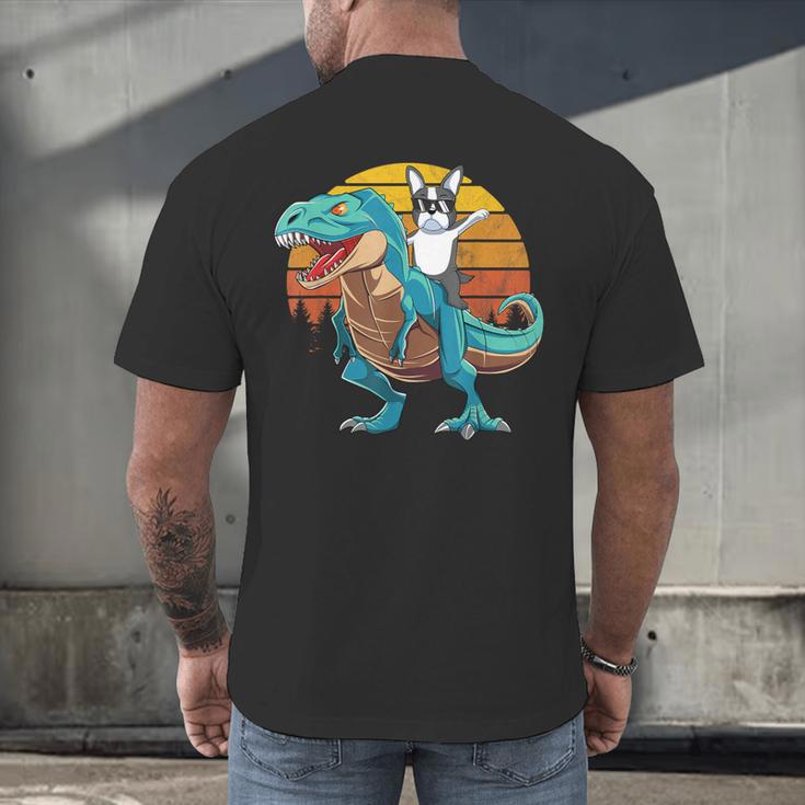 Boston Terrier Dog Riding Dinosaur T Rex Boys Men's Back Print T-Shirt, gift for family, gift for coworker