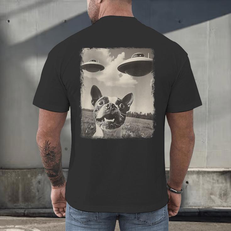 Boston Terrier Dog UFO Alien Extraterrestrial Selfie Men's Back Print T-Shirt, gift for family, gift for coworker