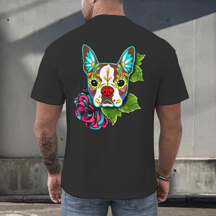 Boston Terrier In Red Day Of The Dead Sugar Skull Dog Men's Back Print T-Shirt, gift for family, gift for coworker