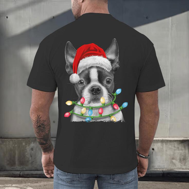 Boston Terrier Santa Christmas Tree Lights Xmas Boys Men Dog Men's Back Print T-Shirt, gift for family, gift for coworker