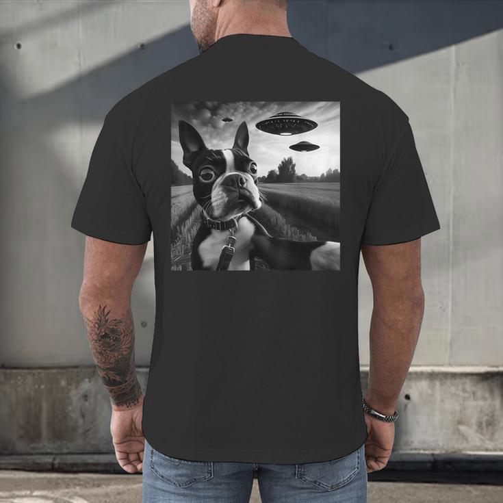 Boston Terrier Graphic Selfie With UFOs Weird Aliens Men's Back Print T-Shirt, gift for family, gift for coworker