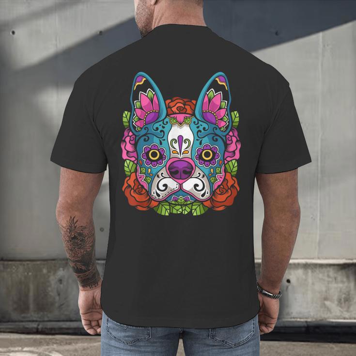 Boston Terrier Sugar Skull Dog Day Of The Dead Men's Back Print T-Shirt, gift for family, gift for coworker