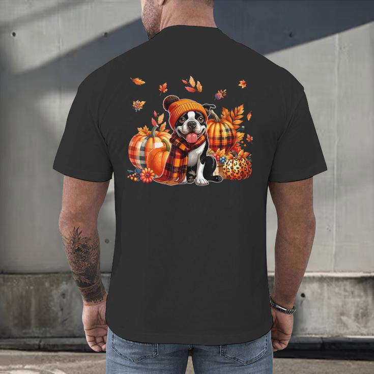 Boston Terrier Thanksgiving Leopard Pumpkins Fall Leaves Men's Back Print T-Shirt, gift for family, gift for coworker