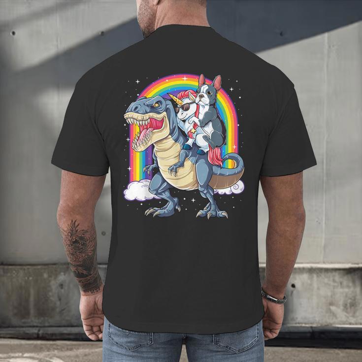 Boston Terrier Unicorn Riding Dinosaur T-Rex Girls Rainbow Men's Back Print T-Shirt, gift for family, gift for coworker