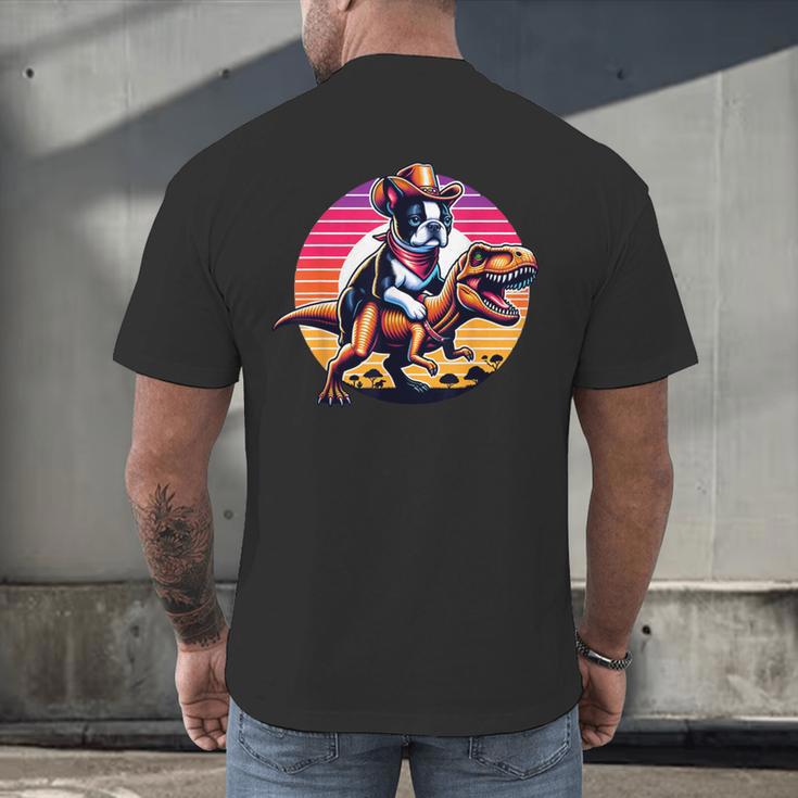 Boston Terrier Wearing A Cowboy Hat On T-Rex Men's Back Print T-Shirt, gift for family, gift for coworker