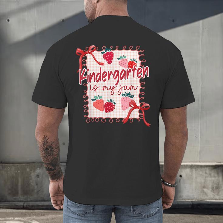 Bow Strawberry Kindergarten Is My Jam Teacher Kinder Team Men's Back Print T-Shirt, gift for family, gift for coworker