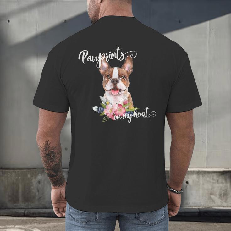 Brown Boston Terrier With Flowers And Feathers Men's Back Print T-Shirt, gift for family, gift for coworker