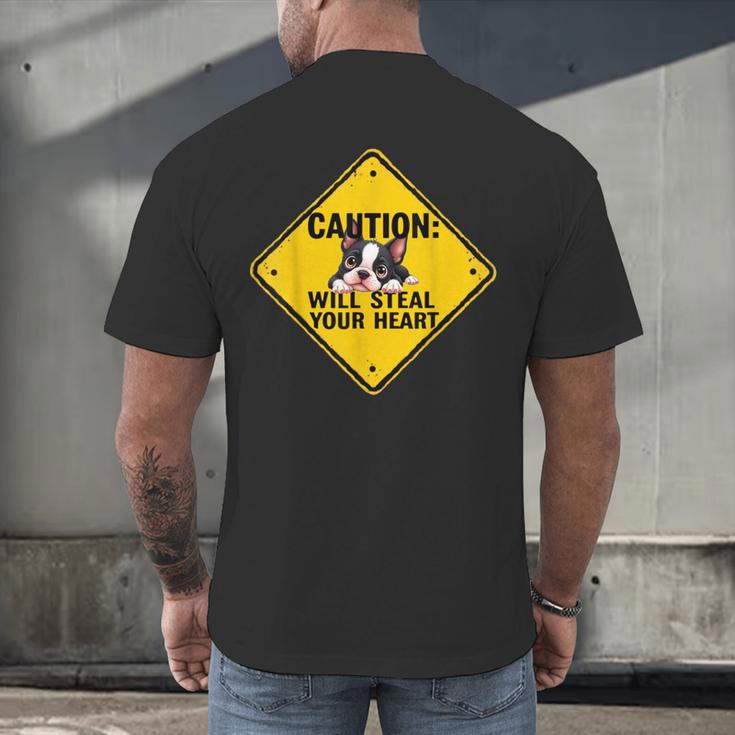 Caution Sign Boston Terrier Dog Bostie Puppy Men's Back Print T-Shirt, gift for family, gift for coworker