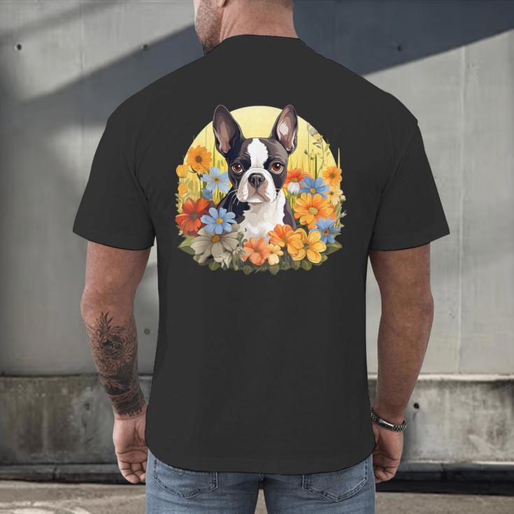 Cute Boston Terrier Spring Flower Garden Colorful Puppy Dog Men's Back Print T-Shirt, gift for family, gift for coworker