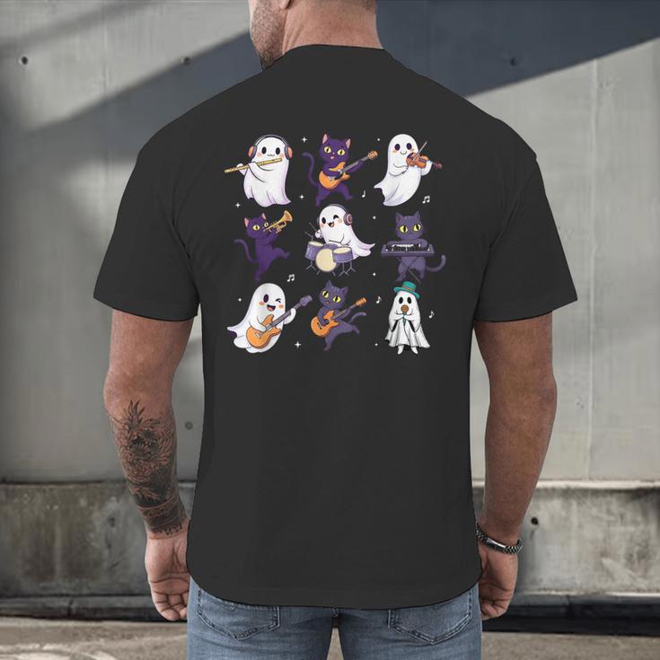 Cute Ghost Cat Playing Musical Halloween Music Teacher Men's Back Print T-Shirt, gift for family, gift for coworker