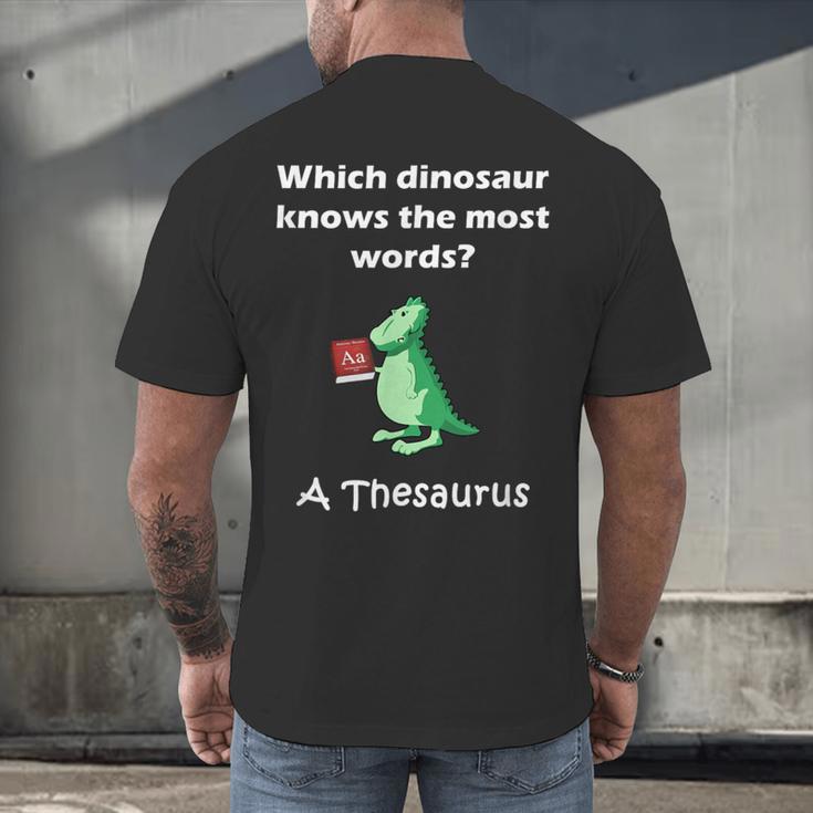 Dinosaur Thesaurus Grammar Joke Teacher Men's Back Print T-Shirt, gift for family, gift for coworker Dinosaur Thesaurus Grammar Joke Teacher Men's Back Print T-Shirt, gift for family, gift for coworker