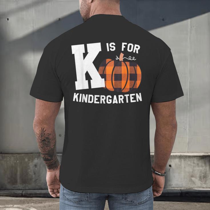 Fall Kindergarten Teacher K Is For Buffalo Plaid Pumpkin Men's Back Print T-Shirt, gift for family, gift for coworker Fall Kindergarten Teacher K Is For Buffalo Plaid Pumpkin Men's Back Print T-Shirt, gift for family, gift for coworker