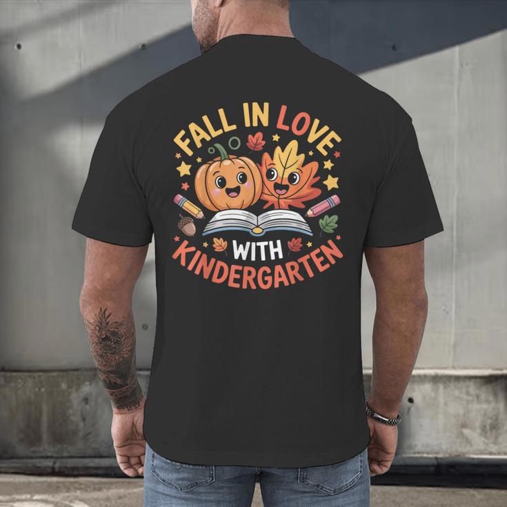 Fall In Love With Kindergarten Autumn Kindergarten Teacher Men's Back Print T-Shirt, gift for family, gift for coworker Fall In Love With Kindergarten Autumn Kindergarten Teacher Men's Back Print T-Shirt, gift for family, gift for coworker