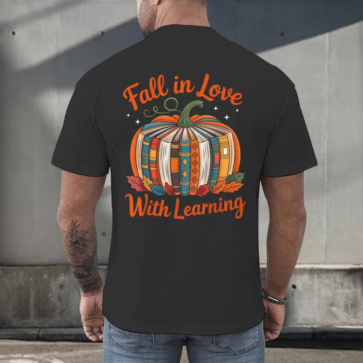 Fall In Love With Learning Book Lover Autumn Pumpkin Teacher Men's Back Print T-Shirt, gift for family, gift for coworker