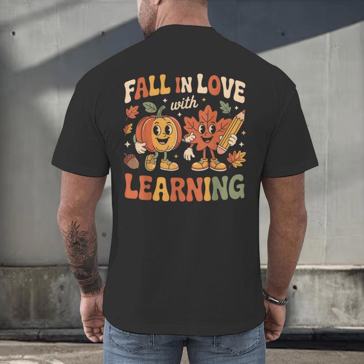 Fall In Love With Learning Retro Autumn Thanksgiving Teacher Men's Back Print T-Shirt, gift for family, gift for coworker