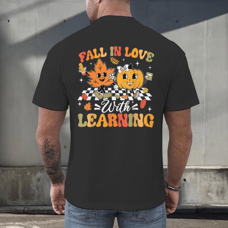 Fall In Love With Learning Fall Teacher Thanksgiving Retro Men's Back Print T-Shirt, gift for family, gift for coworker Fall In Love With Learning Fall Teacher Thanksgiving Retro Men's Back Print T-Shirt, gift for family, gift for coworker