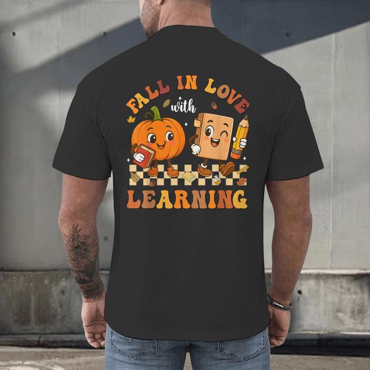 Fall In Love With Reading Book Autumn Pumpkins And Teachers Men's Back Print T-Shirt, gift for family, gift for coworker