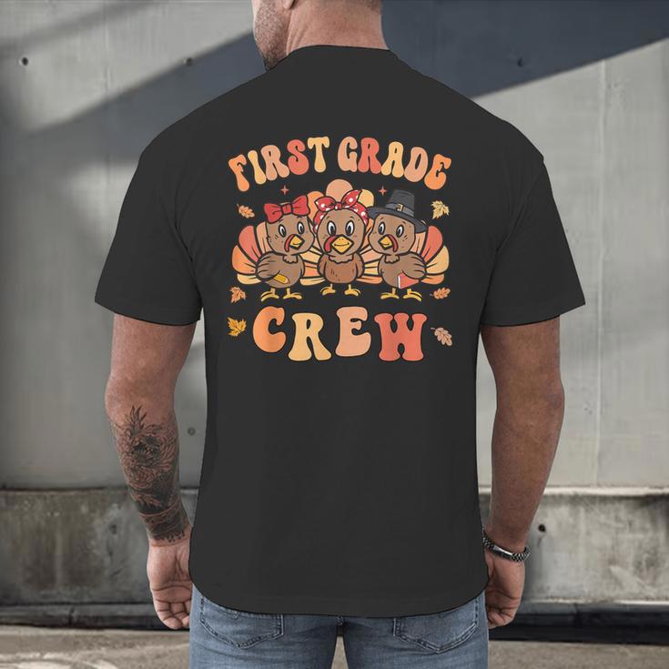 First Grade Crew Thanksgiving Fall Teacher 1st Grade Team Men's Back Print T-Shirt, gift for family, gift for coworker