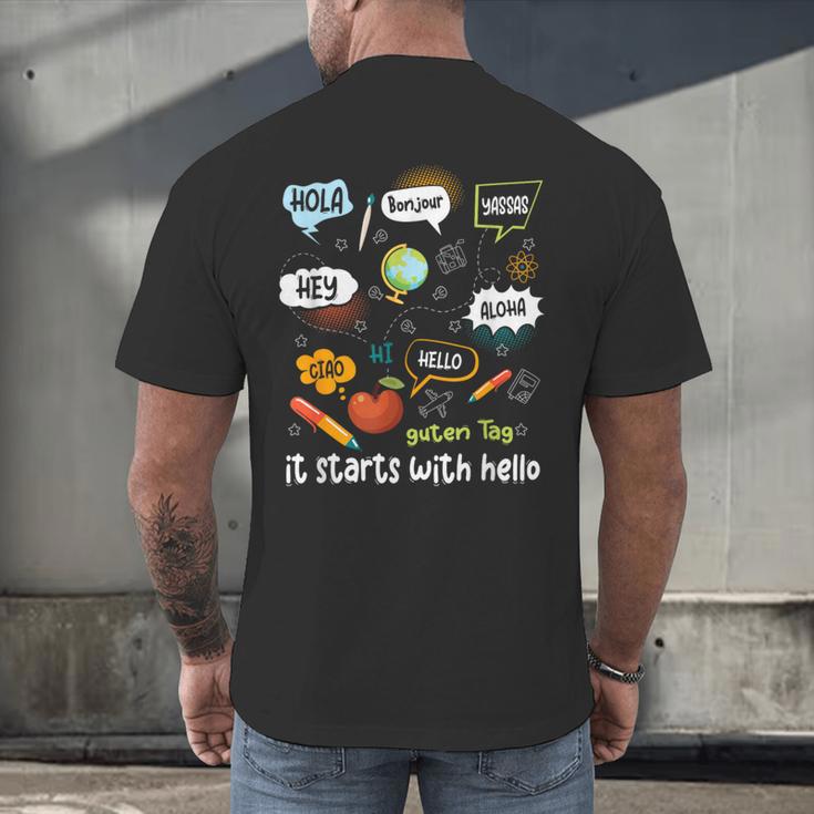 Friendship Inclusion Language Teacher It Starts With Hello Men's Back Print T-Shirt, gift for family, gift for coworker Friendship Inclusion Language Teacher It Starts With Hello Men's Back Print T-Shirt, gift for family, gift for coworker