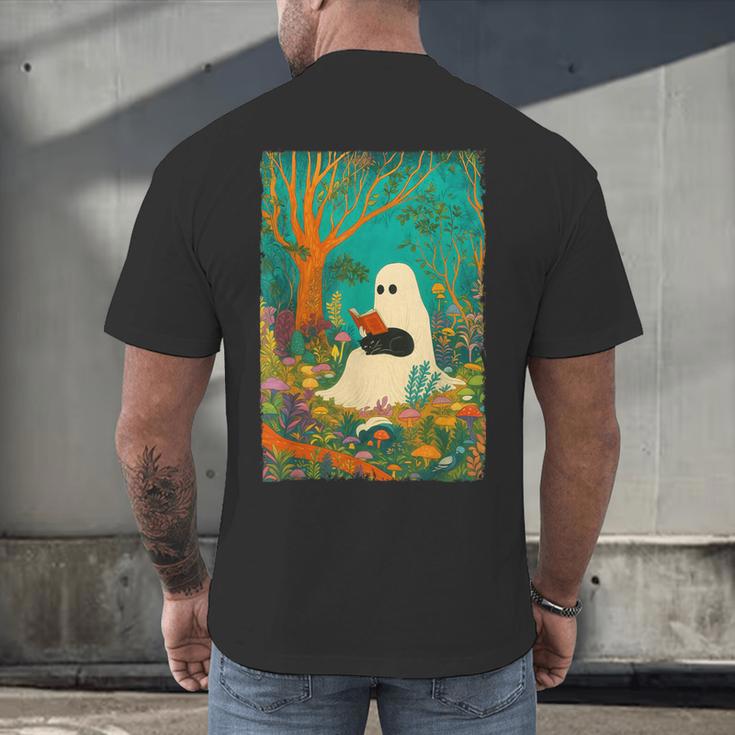 Groovy Ghost Reading Book Cat Halloween Ghost Teacher Men's Back Print T-Shirt, gift for family, gift for coworker