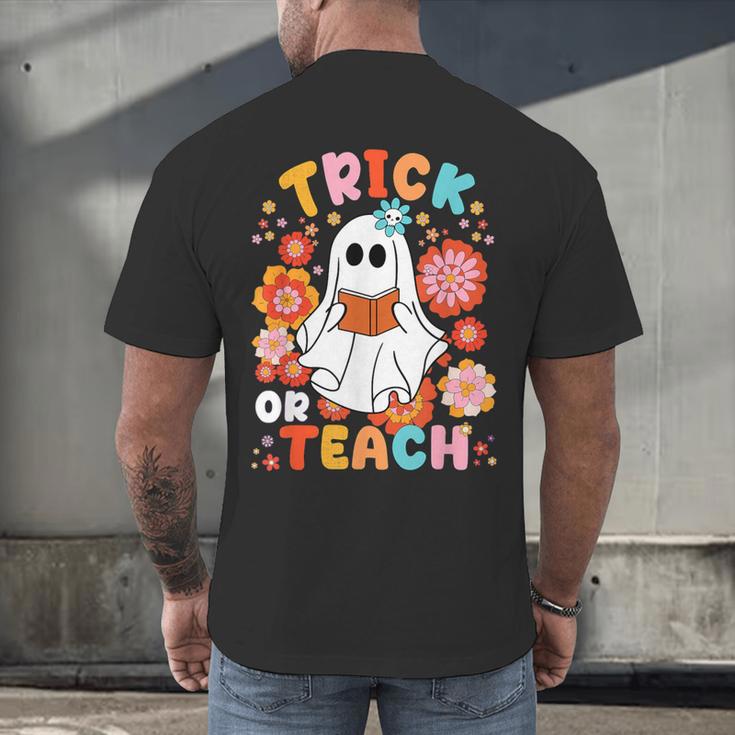 Groovy Halloween Trick Or Teach Retro Floral Ghost Teacher For Men Women Kids Men's Back Print T-Shirt, gift for family, gift for coworker Groovy Halloween Trick Or Teach Retro Floral Ghost Teacher For Men Women Kids Men's Back Print T-Shirt, gift for family, gift for coworker