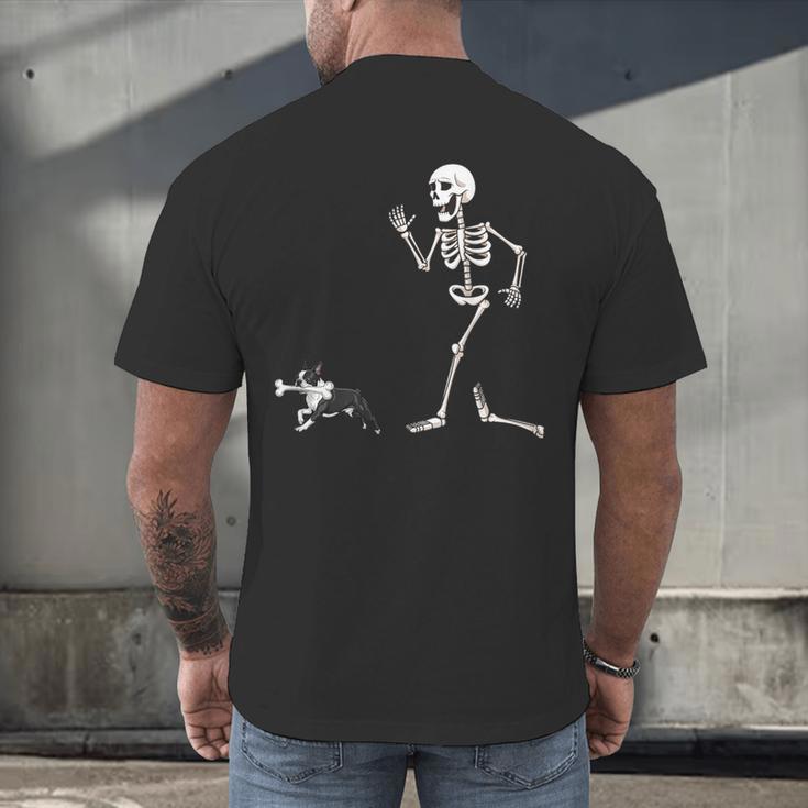 Halloween Boston Terrier And Skeleton Men's Back Print T-Shirt, gift for family, gift for coworker