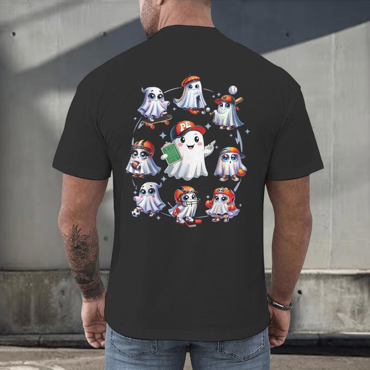 Halloween PE Teacher Ghost Playing Sports Physical Education Men's Back Print T-Shirt, gift for family, gift for coworker Halloween PE Teacher Ghost Playing Sports Physical Education Men's Back Print T-Shirt, gift for family, gift for coworker