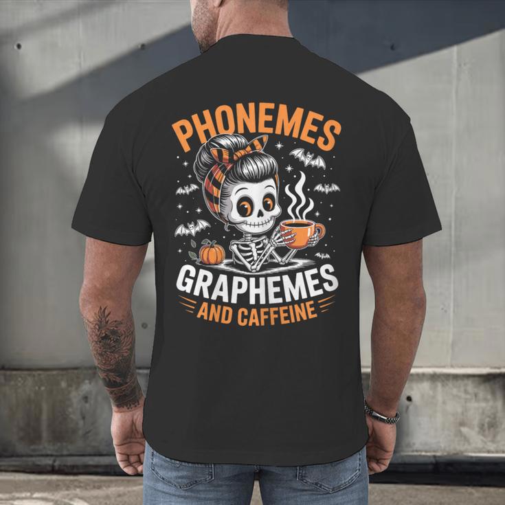 Halloween Skeleton Teacher Phonemes Graphemes Caffeine Lover Men's Back Print T-Shirt, gift for family, gift for coworker