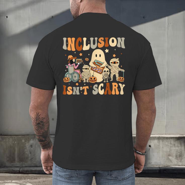 Halloween SLP Sped Teacher Groovy Inclusion Isn't Scary Men's Back Print T-Shirt, gift for family, gift for coworker Halloween SLP Sped Teacher Groovy Inclusion Isn't Scary Men's Back Print T-Shirt, gift for family, gift for coworker