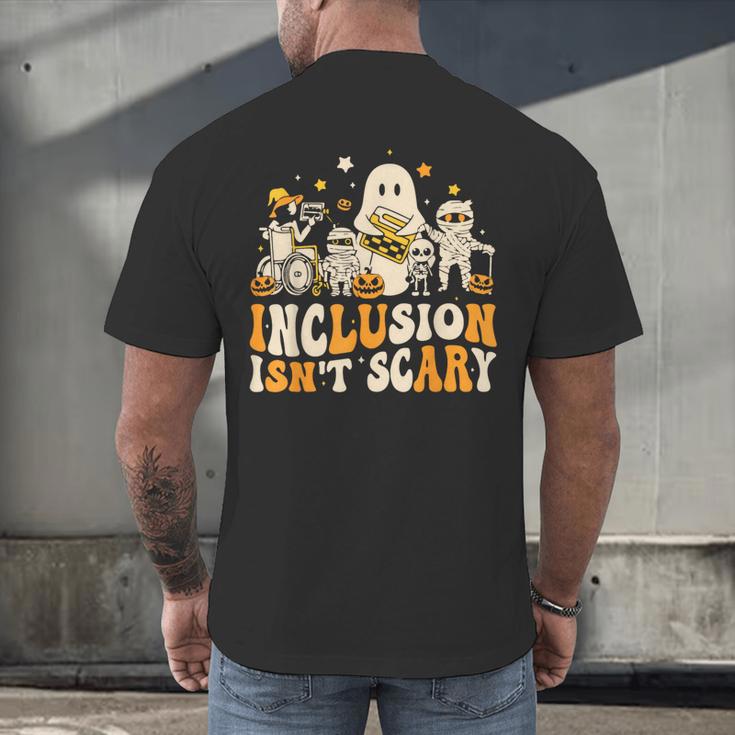 Inclusion Isn't Scary Mummy Boo Ghost Halloween SLP Teacher Men's Back Print T-Shirt, gift for family, gift for coworker Inclusion Isn't Scary Mummy Boo Ghost Halloween SLP Teacher Men's Back Print T-Shirt, gift for family, gift for coworker