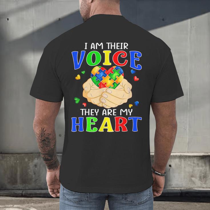 I Am Their Voice They Are My Heart Autism Awareness Teacher Men's Back Print T-Shirt, gift for family, gift for coworker