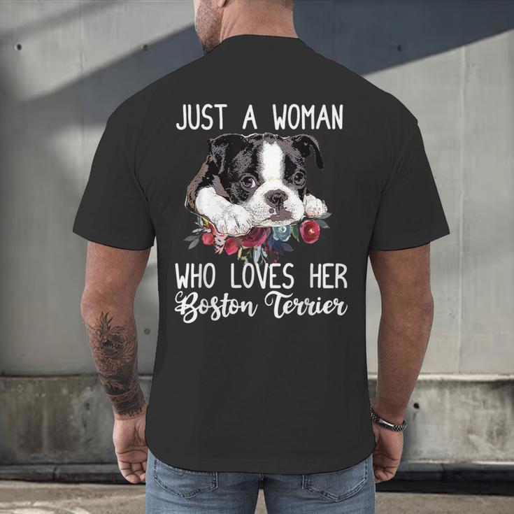 Just a Woman Who Loves Her Boston Terrier Cute Dog Mom Men's Back Print T-Shirt, gift for family, gift for coworker