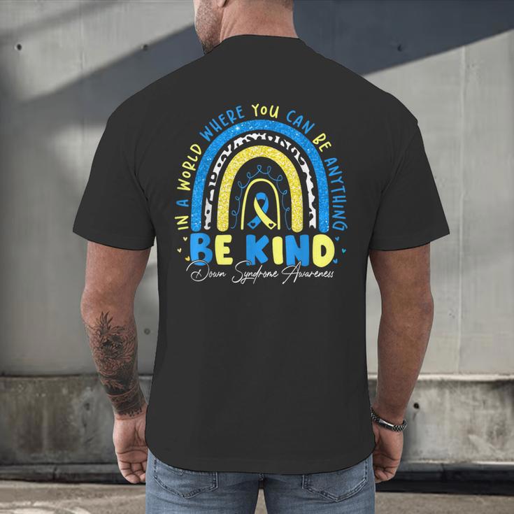 Be Kind Rainbow Down Syndrome Awareness Teacher Blue Yellow Men's Back Print T-Shirt, gift for family, gift for coworker Be Kind Rainbow Down Syndrome Awareness Teacher Blue Yellow Men's Back Print T-Shirt, gift for family, gift for coworker