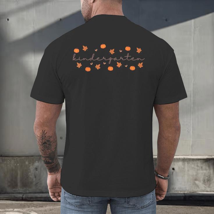 Kindergarten Teacher Pumpkin Autumn Leaves Kinder Team Fall Men's Back Print T-Shirt, gift for family, gift for coworker
