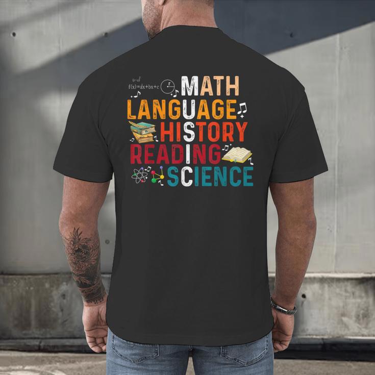 Math Language History Reading Science Music Teacher Men's Back Print T-Shirt, gift for family, gift for coworker Math Language History Reading Science Music Teacher Men's Back Print T-Shirt, gift for family, gift for coworker