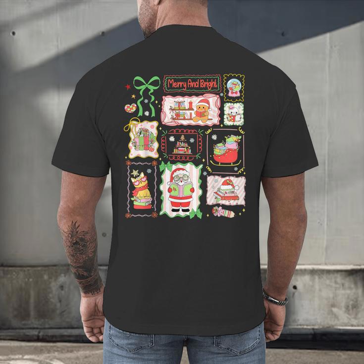 Merry And Bright Christmas Gingerbread Santa Book Teacher Men's Back Print T-Shirt, gift for family, gift for coworker