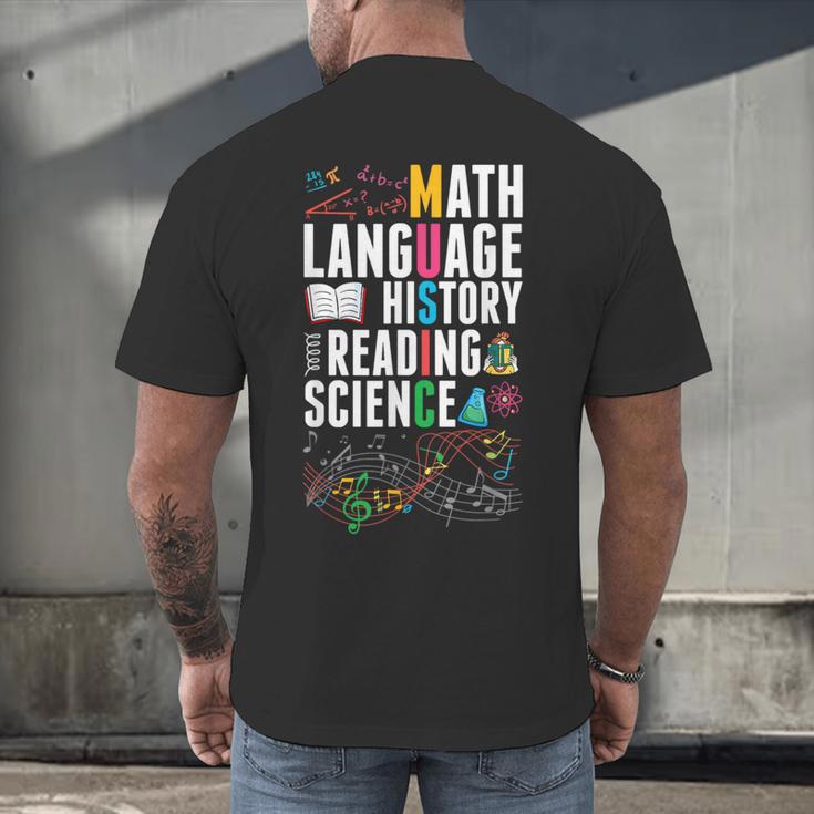 Music Teacher Music Math Language History Reading Science Men's Back Print T-Shirt, gift for family, gift for coworker Music Teacher Music Math Language History Reading Science Men's Back Print T-Shirt, gift for family, gift for coworker