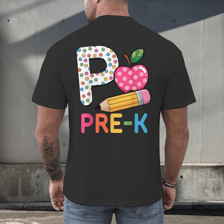 P Is For Pre K Teacher Student Pencil Apple Back To School Men's Back Print T-Shirt, gift for family, gift for coworker P Is For Pre K Teacher Student Pencil Apple Back To School Men's Back Print T-Shirt, gift for family, gift for coworker