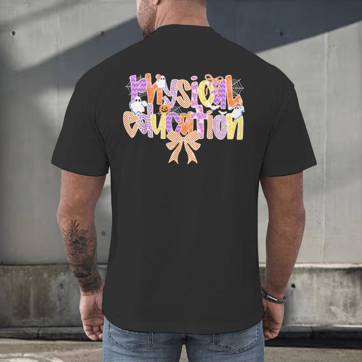 Physical Education Halloween Bow Checkered Teacher Ghost PE Men's Back Print T-Shirt, gift for family, gift for coworker